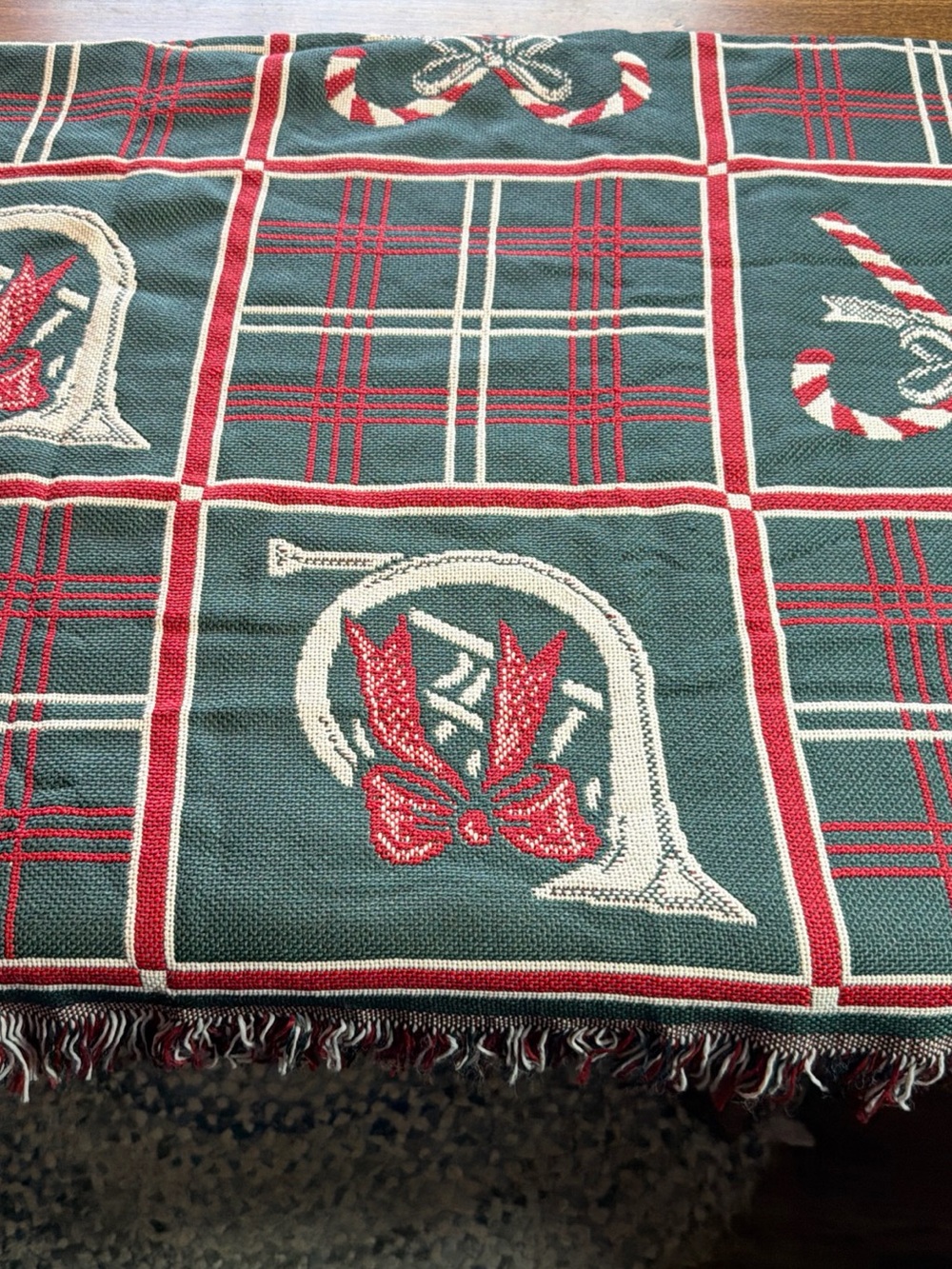 American Weavers Holiday Plaid Throw with Candy Cane & Bow Green, Red, Cream